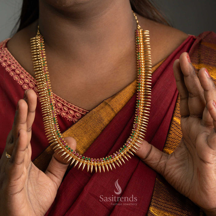 Elegant Micro Gold Plated Ruby-Green Mullapoo Long Necklace with Sparkling AD Stones – Classic Temple Jewellery Styled on Model - Sasitrends