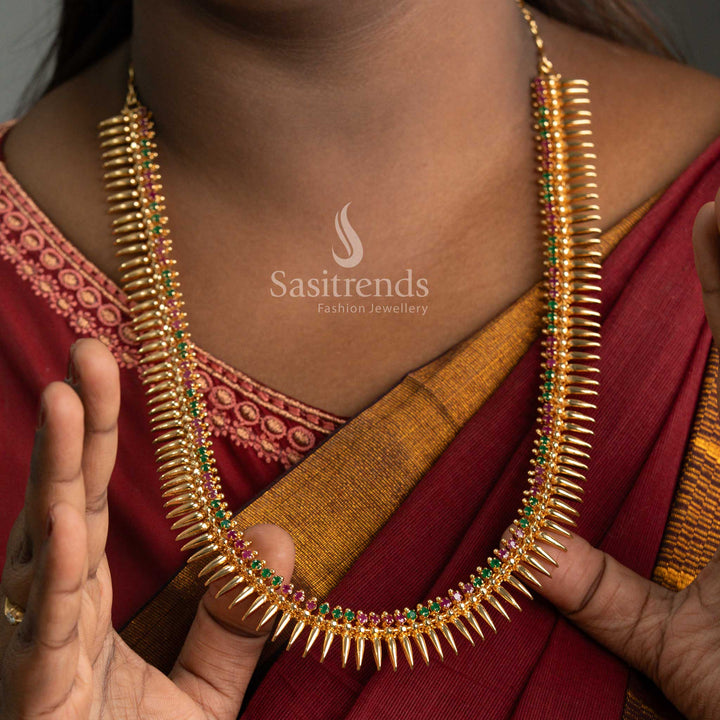 Premium Micro Gold Ruby-Green Mullapoo Necklace with Beautiful American Diamond Accents – Bridal and Festive Wear Displayed by Model - Sasitrends