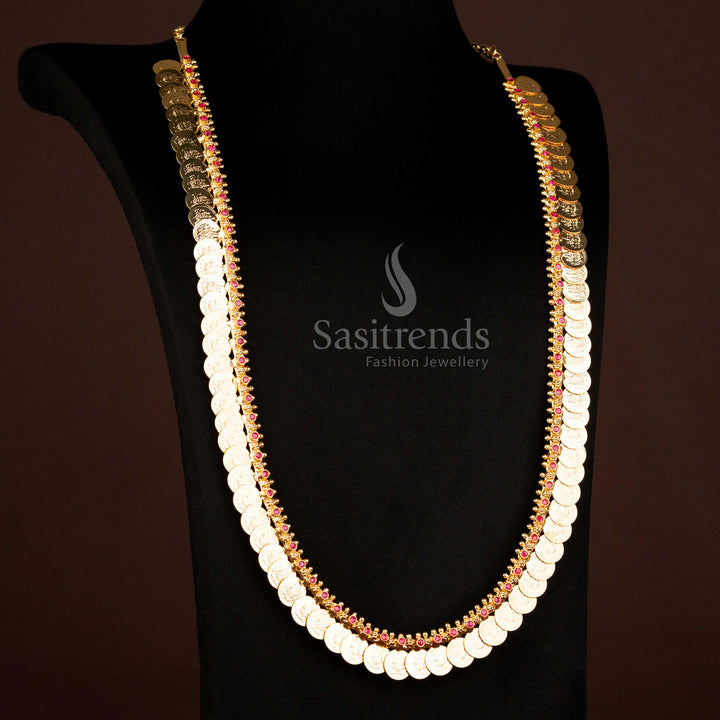 Traditional Wear One Gram Micro gold Plated AD Stone Long lakshmi Coin Necklace - Sasitrends