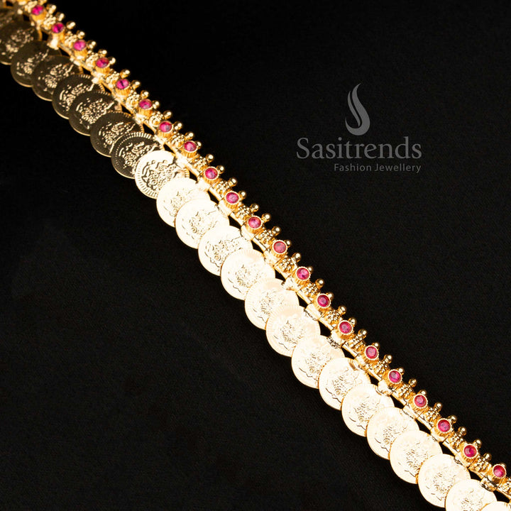 Onam Jewellery One Gram Micro gold Plated AD Stone Long lakshmi Coin Necklace - Sasitrends