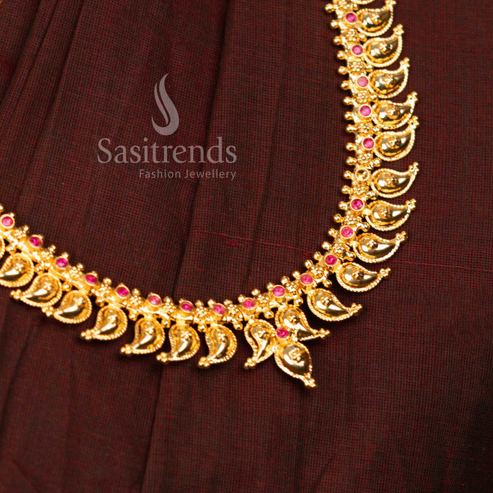 Onam Kerala Style Micro Gold Plated Mango Ruby Ad Stone Long Necklace - Sasitrends