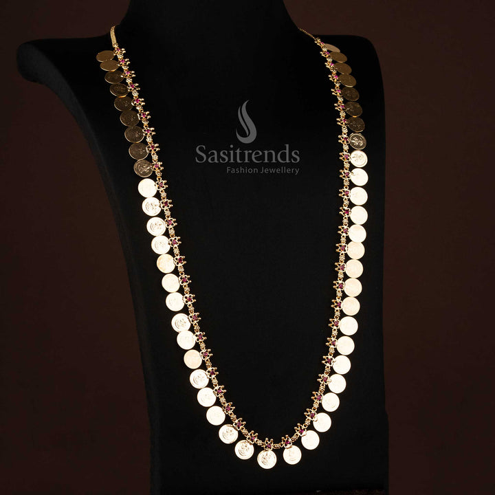 Guaranteed Traditional 24K micro gold plated  Ruby AD Stone Lakshmi coin long necklace, Kerala Onam Jewellery - Sasitrends
