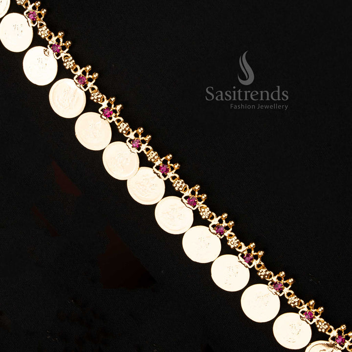 Guaranteed One gram micro gold plated  Ruby AD Stone Lakshmi coin long necklace, Kerala Onam Jewellery - Sasitrends