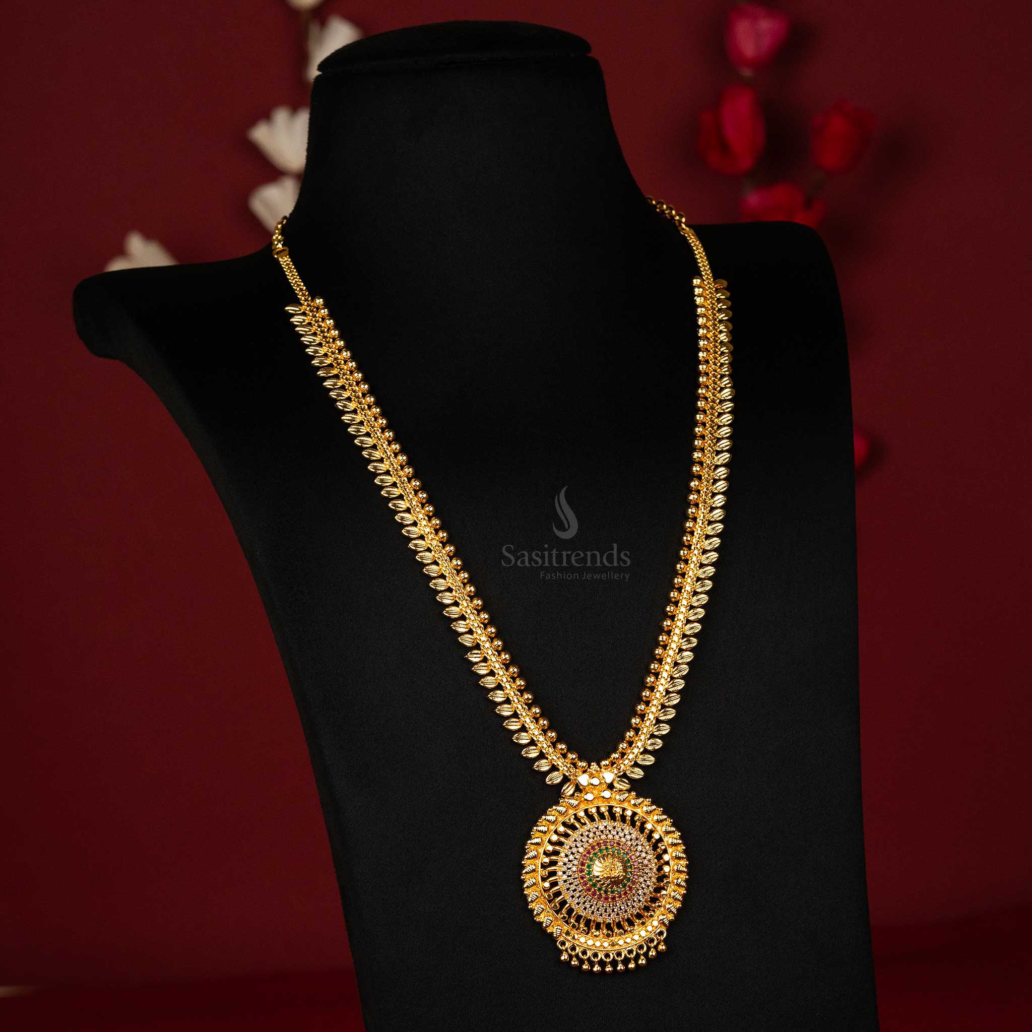 Sasitrends One Gram Micro Gold-Plated Lakshmi Pendant Long Haram Necklace with AD Stones, Leaf Pattern