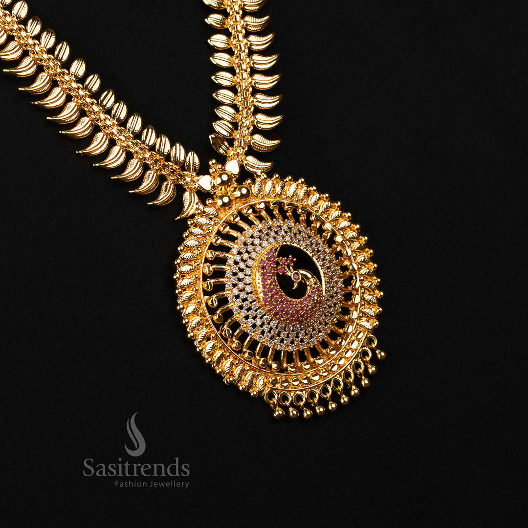 Elegant white-ruby hued long necklace adorned with peacock pendant and delicate leaf detailing, micro gold polished for traditional glow – Exquisite temple jewellery for women – Sasitrends