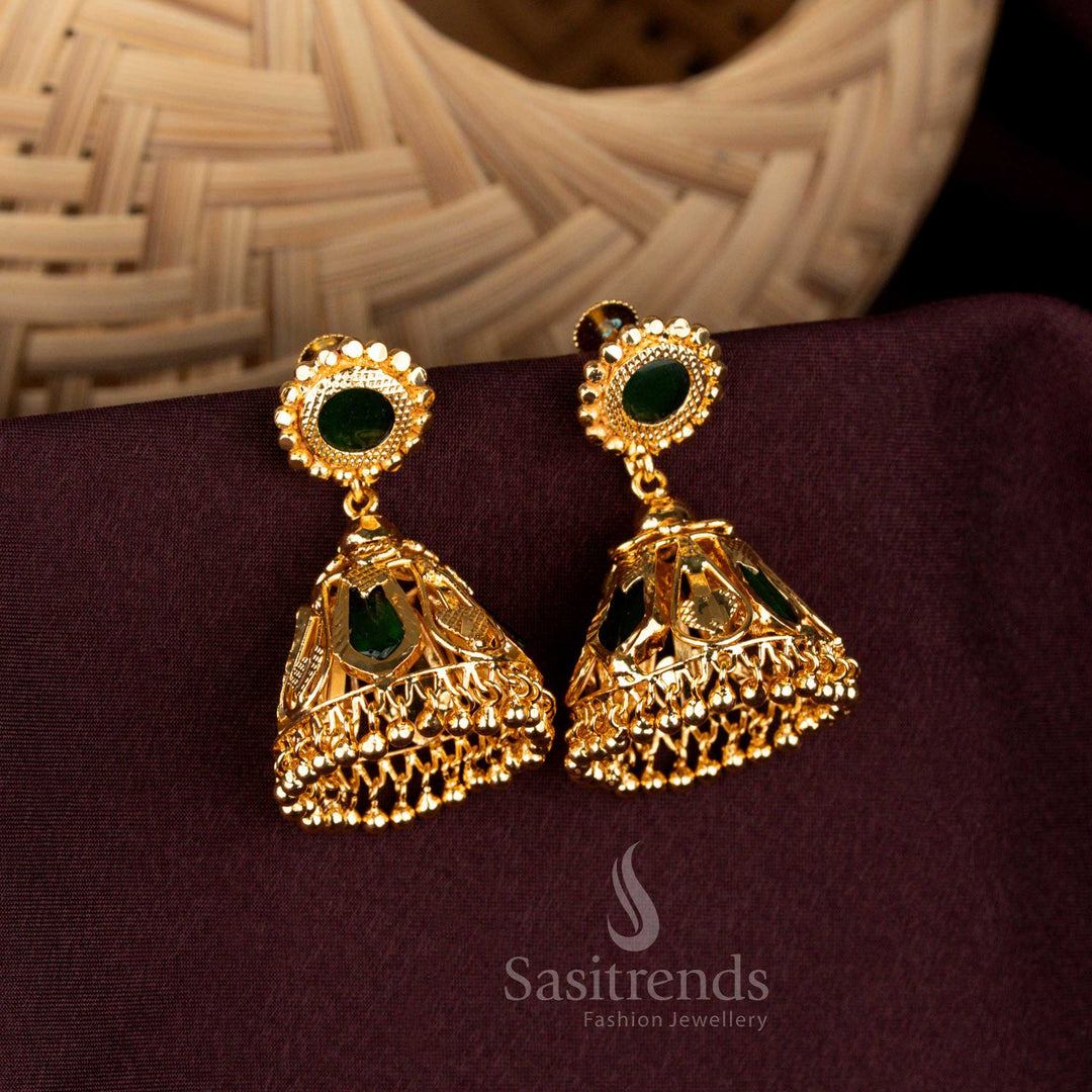Micro Gold Plated 4 Katta Palakka Jhumka Earrings for Onam - Sasitrends