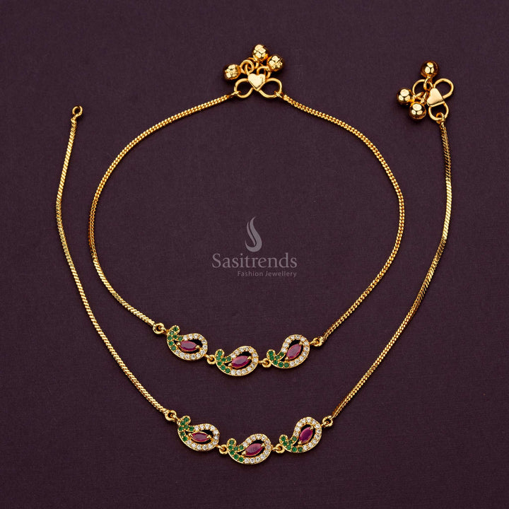 Multi AD Stone Studded Micro Gold-Plated Anklet with Paisley Design - Sasitrends