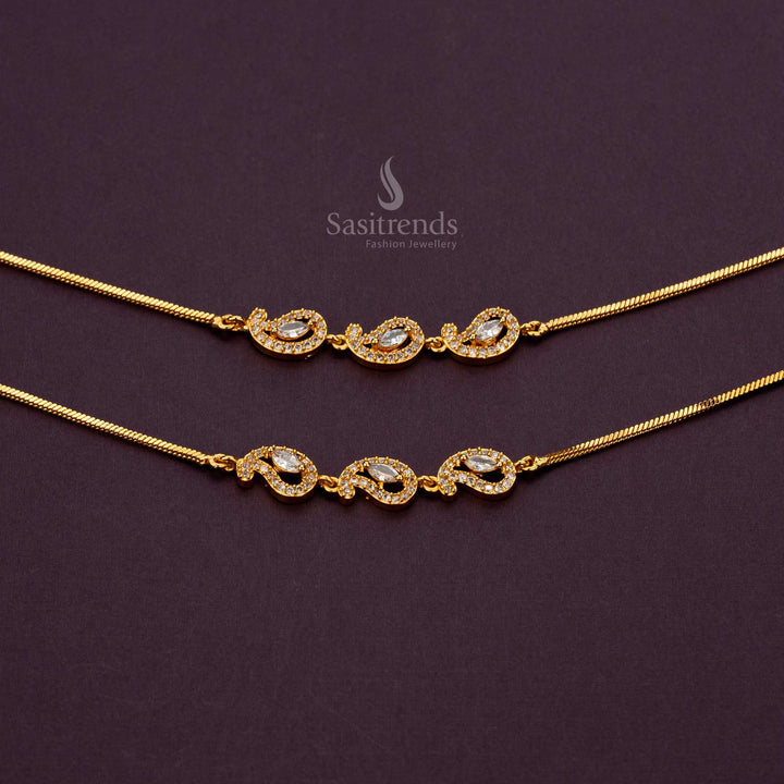 White AD Stone Studded Micro Gold-Plated Anklet with Paisley Design - Sasitrends