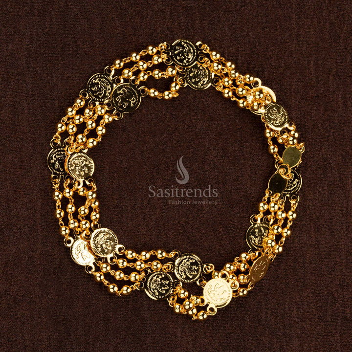Elegant micro gold-plated Lakshmi coin chain with golden beads perfect for weddings and festivals 0 Sasitrends