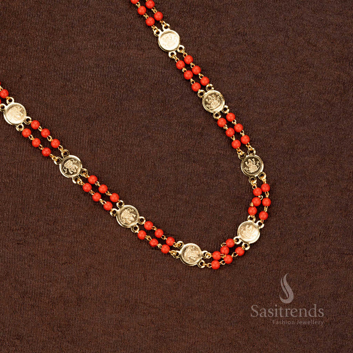 Traditional micro gold plated pavalam Lakshmi coin chain with intricate detailing, ideal for festive wear - Sasitrends