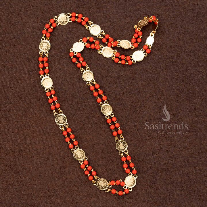 Traditional Lakshmi coin chain with micro gold plating and pavalam details, perfect for temple and wedding wear - Sasitrends
