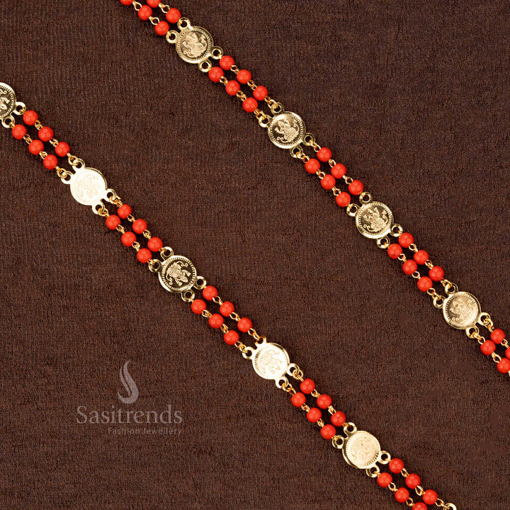 Gold plated Lakshmi coin chain with pavalam stones, crafted with intricate detailing, look like real gold - Sasitrends