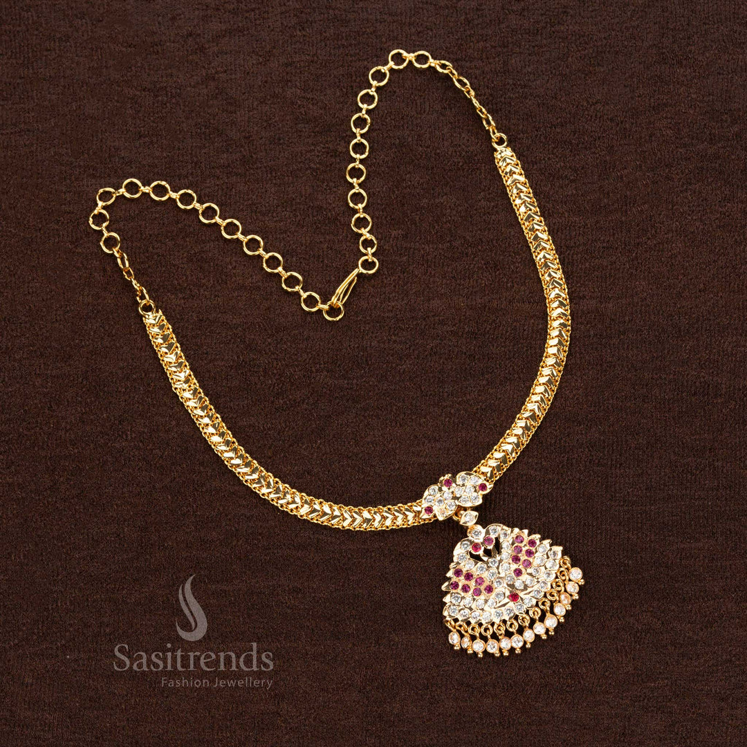 Chic micro gold-plated necklace adorned with a white-ruby AD stone duck motif and delicate gold beads - Sasitrends