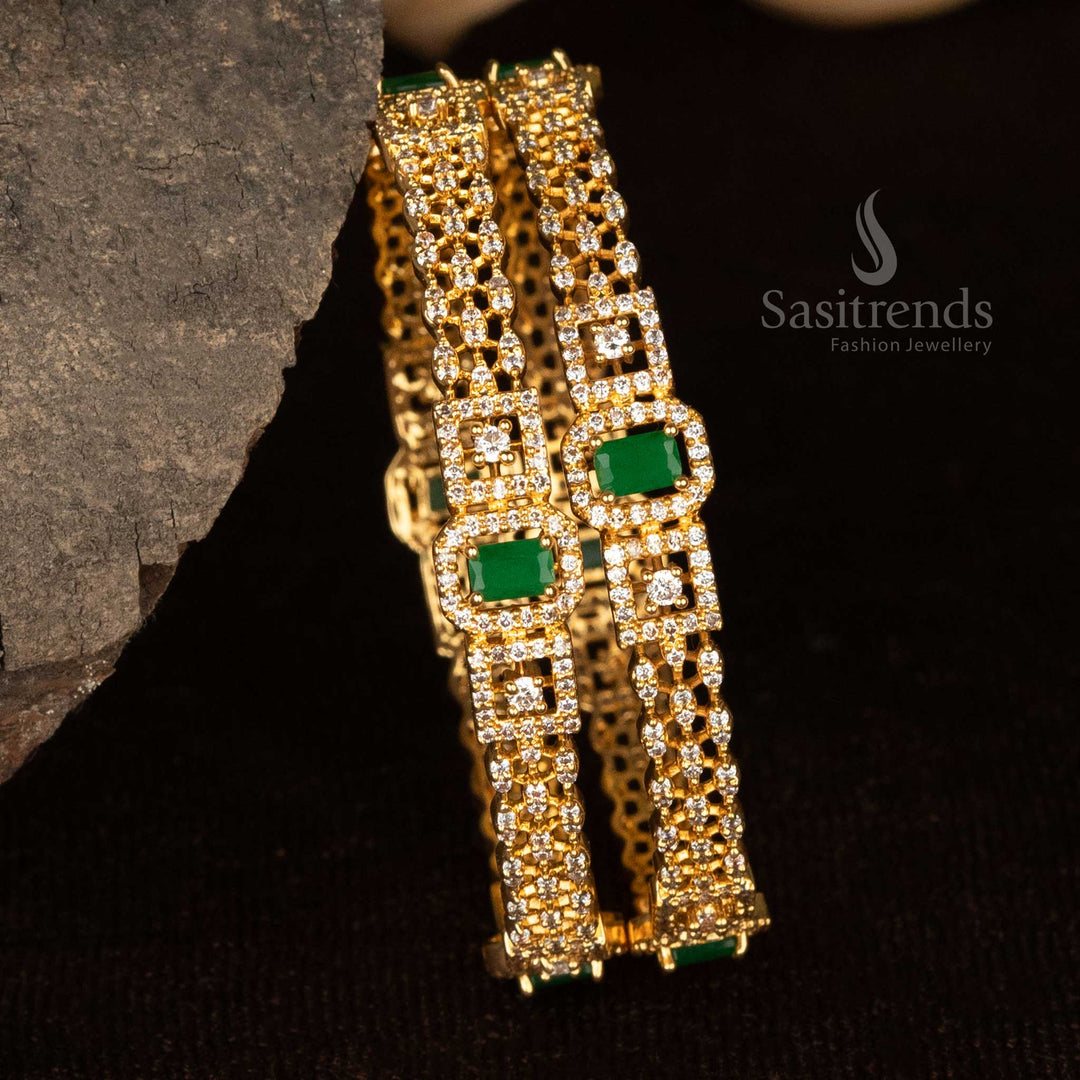 American Diamond micro gold plated three-line bangles with center rectangular, square, and marquise stone design, look like real gold - Sasitrends