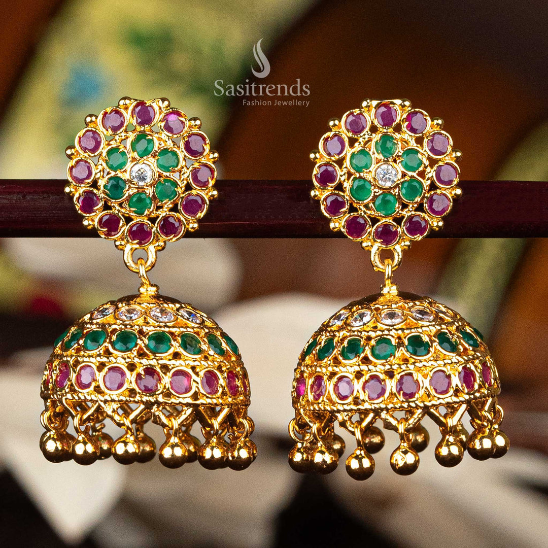Multi-color one gram AD stone jhumka earrings with gold balls - Sasitrends
