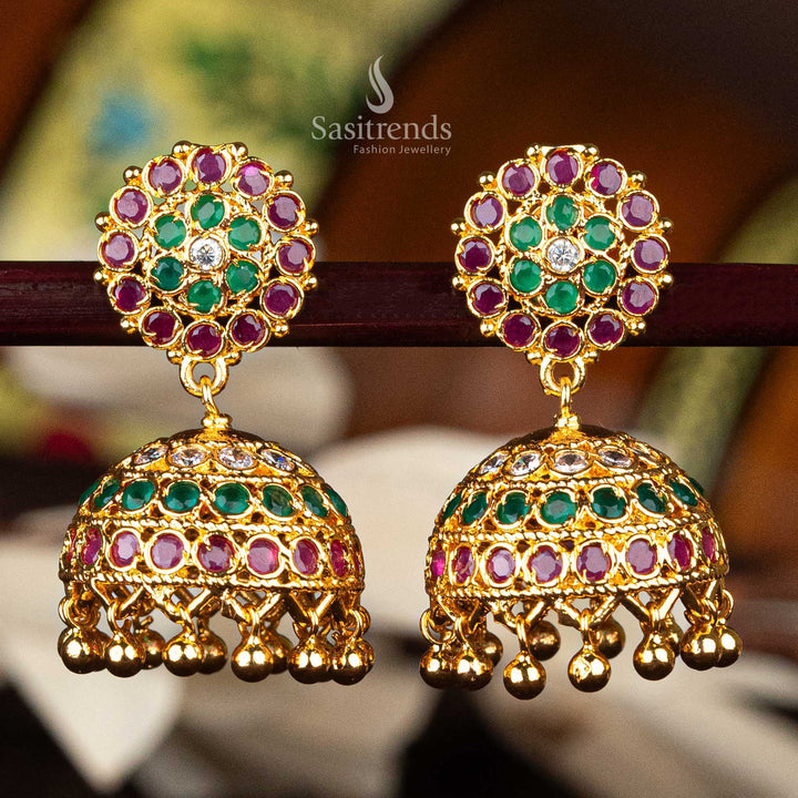 Multi-color one gram AD stone jhumka earrings with gold balls - Sasitrends