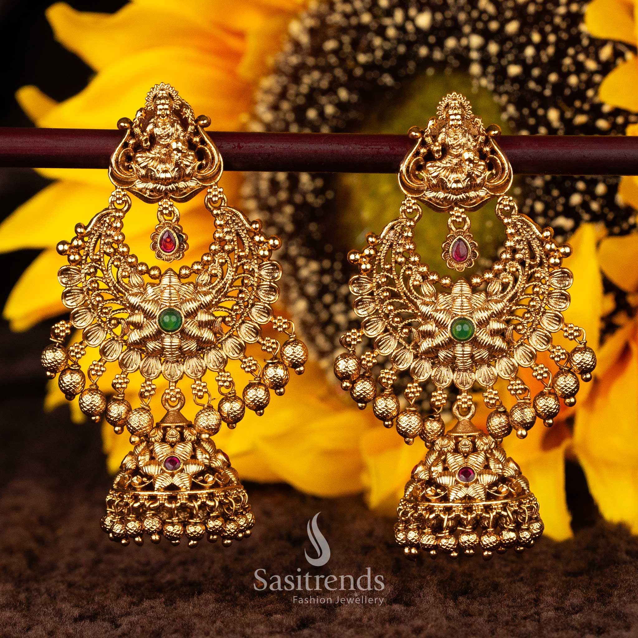 Exquisite Temple Matte Gold Chandbali Jhumka Earrings with Intricate Floral  and Bead Detailing Sasitrends