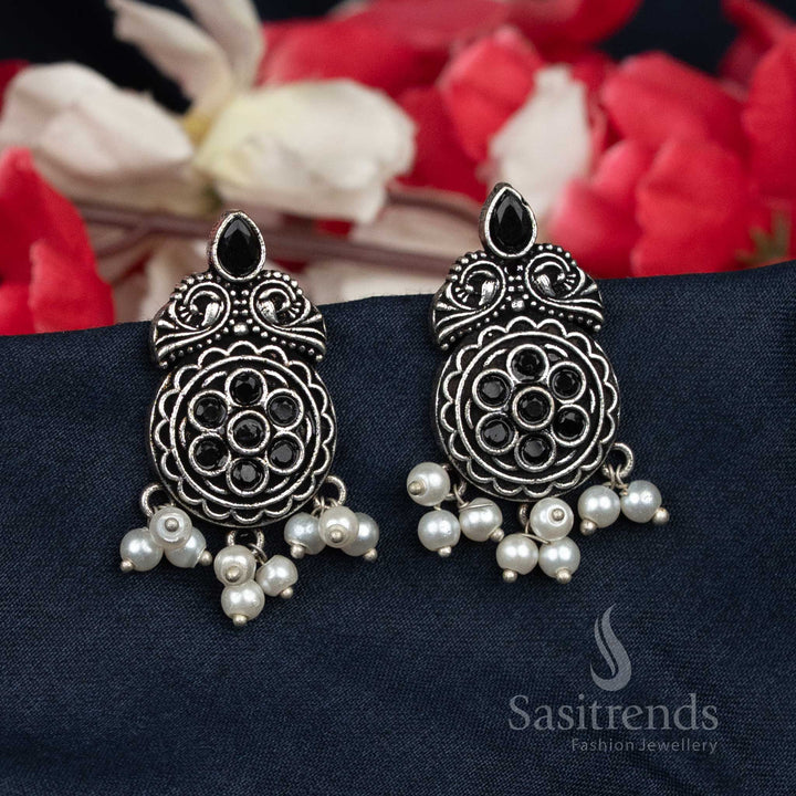 Black Oxidised Ethnic Floral Earrings With Pearl Clusters – Suitable For Office Wear And Casual Styling – Sasitrends