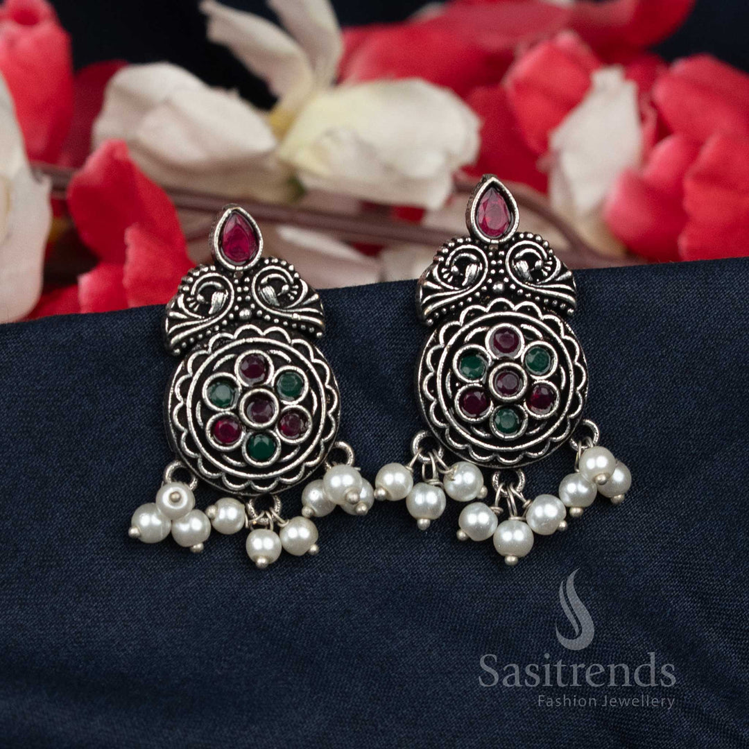 Ruby-Green Oxidised Floral Stud Earrings With Clustered Pearls – Suitable For Office Wear And Daily Elegance – Sasitrends