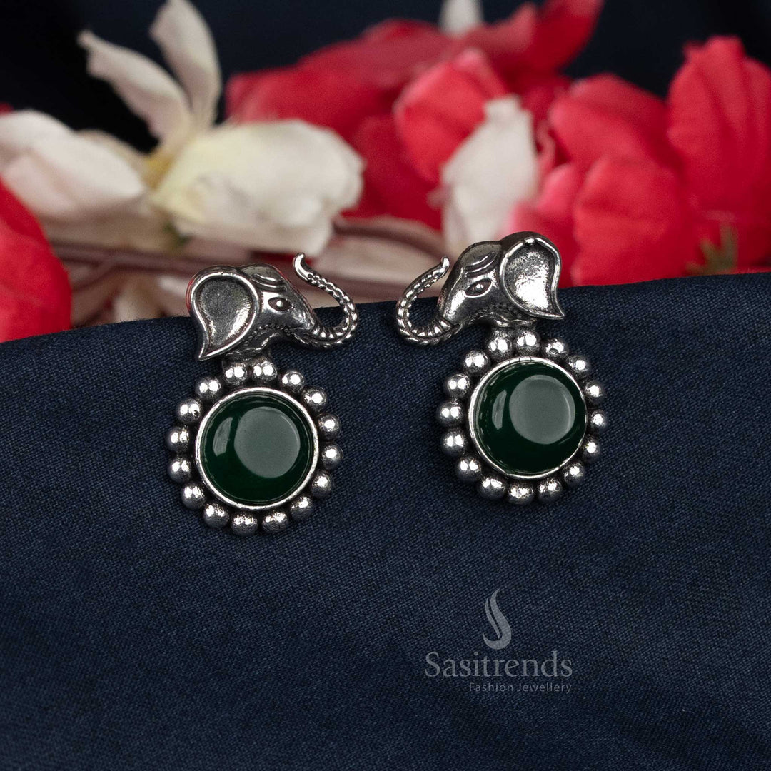 Traditional oxidised elephant earrings with central bead -Sasitrends