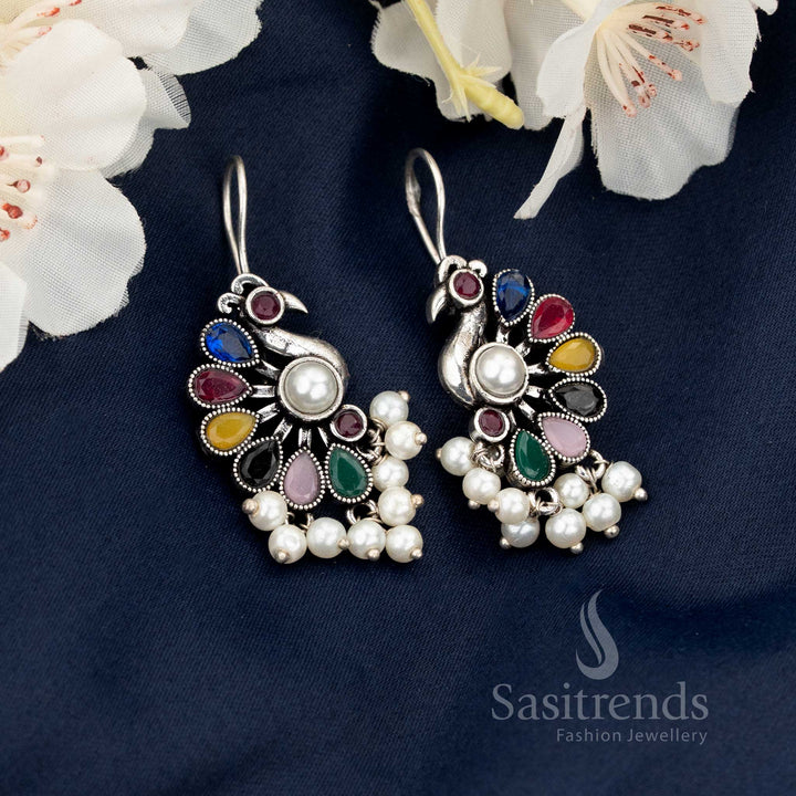 Multi Oxidised Peacock Motif Fish Hook Earrings with Hanging Pearls - Sasitrends