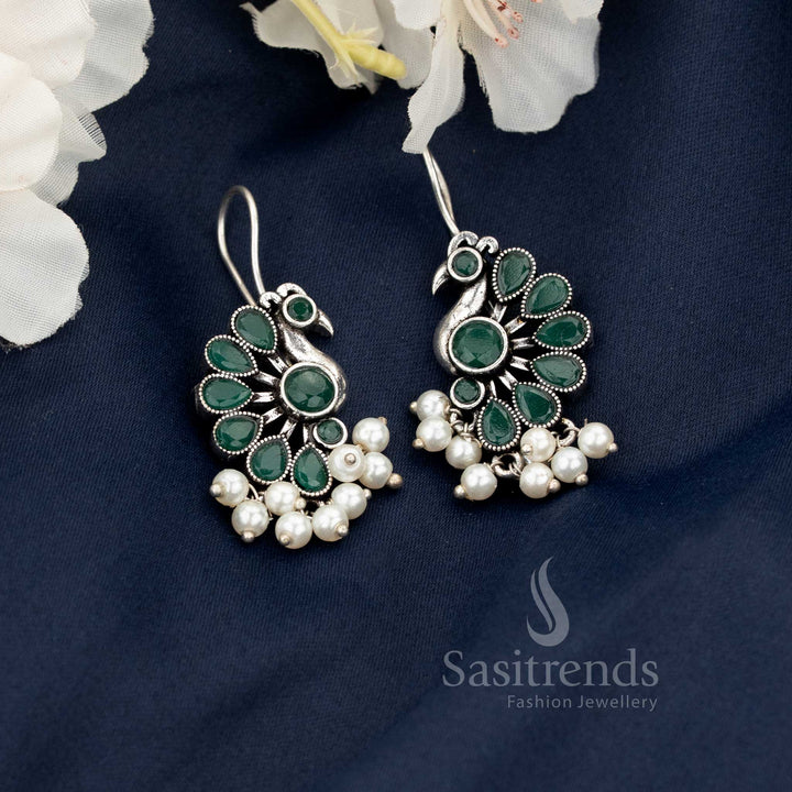 Green Oxidised Peacock Motif Fish Hook Earrings with Hanging Pearls - Sasitrends
