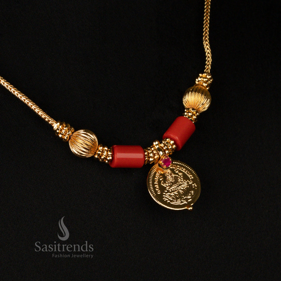 Traditional Temple Wear Lakshmi Coin Necklace with Coral Beads – Sasitrends