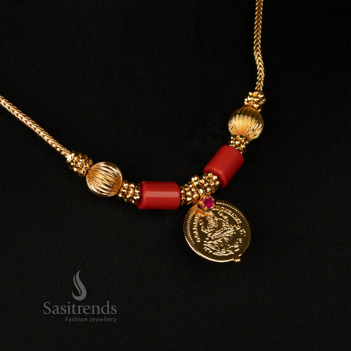 Traditional Temple Wear Lakshmi Coin Necklace with Coral Beads – Sasitrends