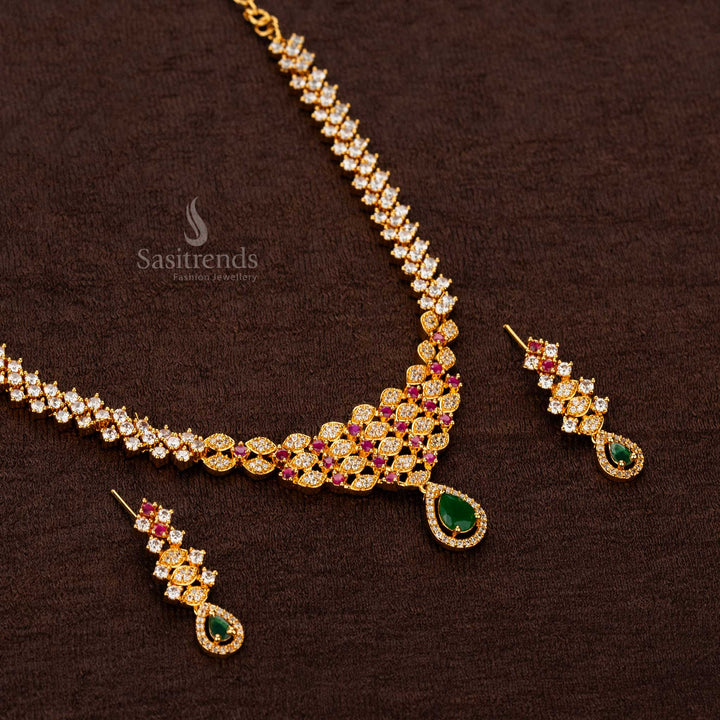 Cascading Teardrop Motif American Diamond Micro Gold Plated Necklace Jewellery Set - Sasitrends