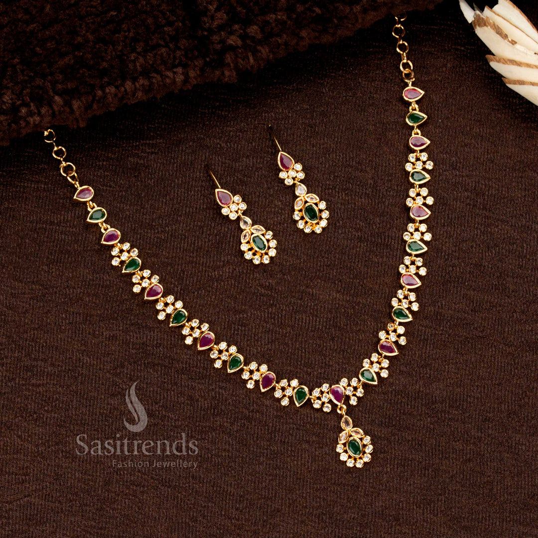 Micro Gold Plated Teardrop Floral Necklace Set, One Gram Jewellery, Elegant Half Flower Structure – Sasitrends