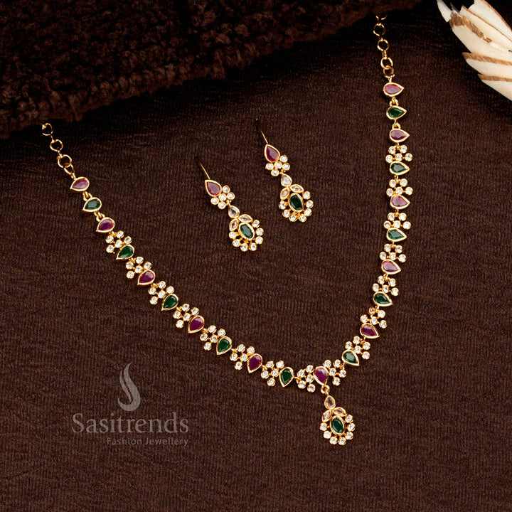 Wonderful One Gram Micro Gold Plated American Diamond Teardrop Floral Necklace Jewellery Set – Half Flower with Waterdrop Stone Design - Sasitrends