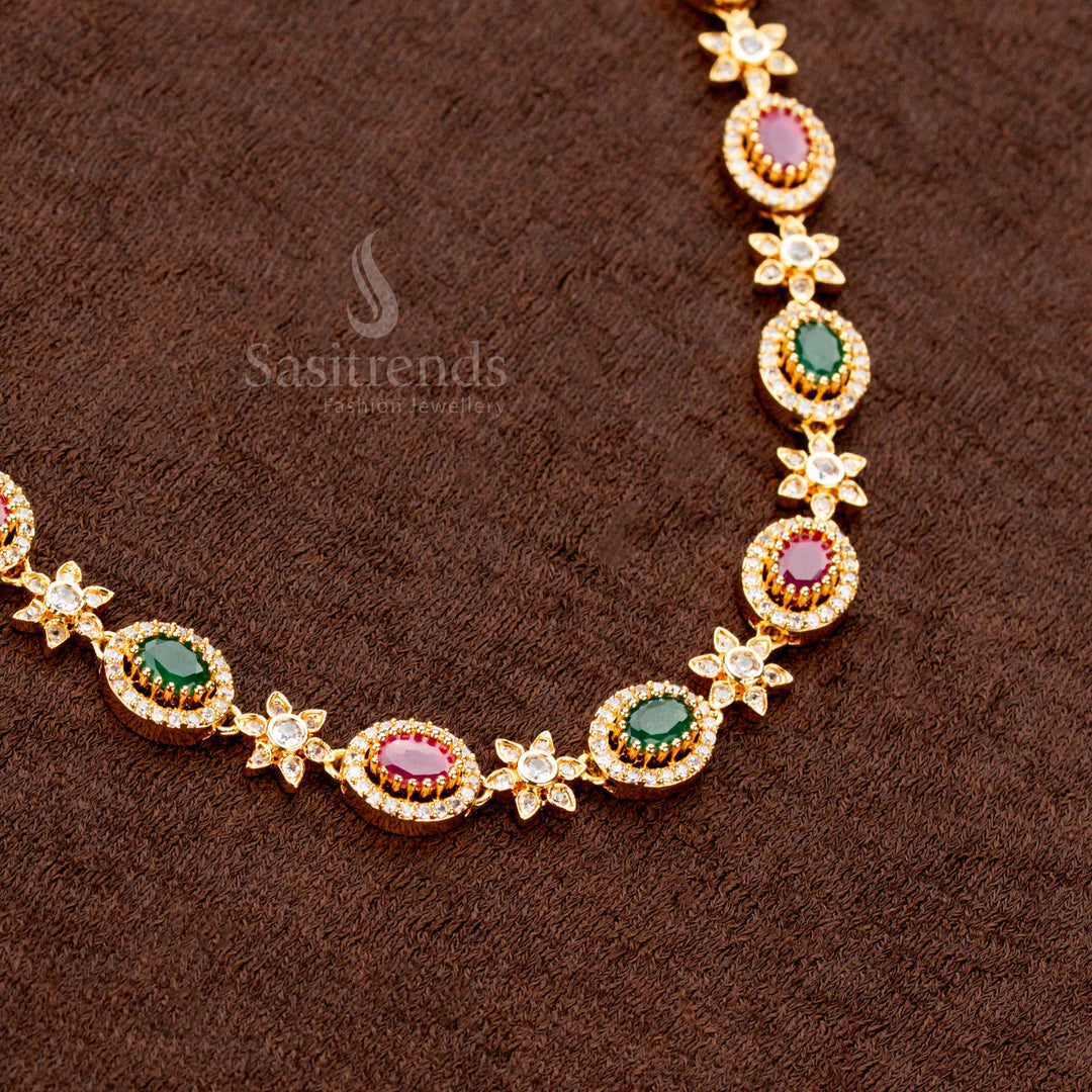Floral Motif American Diamond Necklace with Ruby and Green Stones - Sasitrends