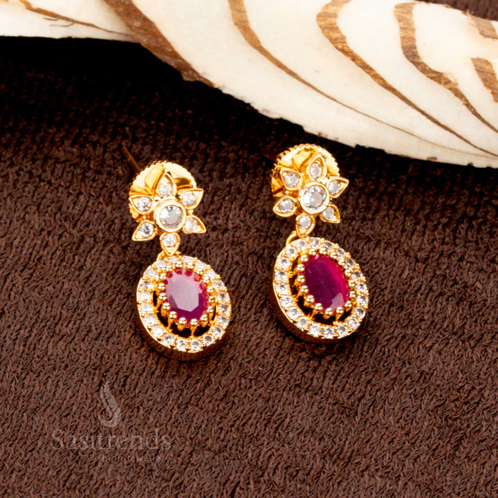 Gold Plated Necklace and Earrings with Oval and Floral AD Design - Sasitrends