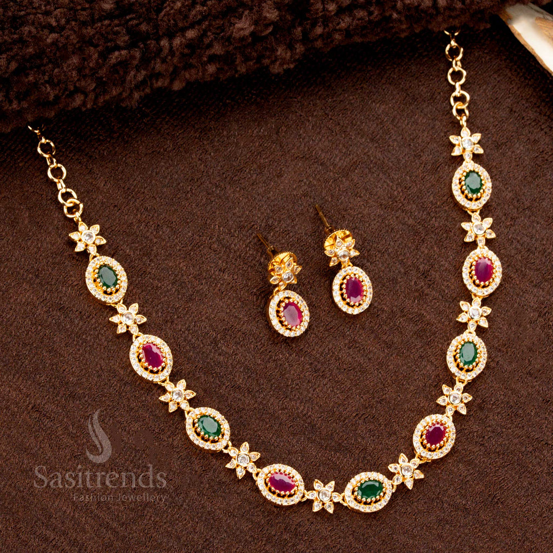 Multi-Stone Oval Necklace Set with Matching Earrings – Traditional Wear - Sasitrends