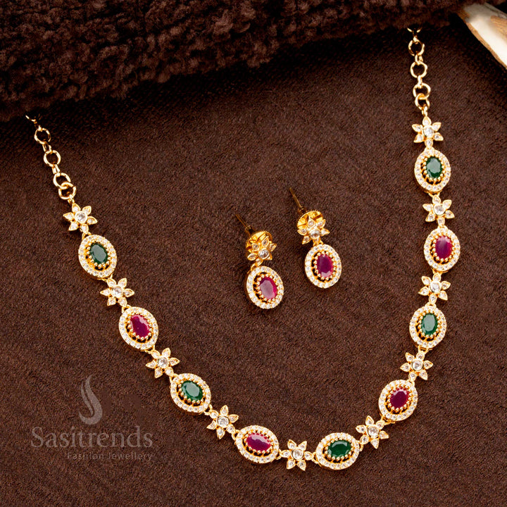 Multi-Stone Oval Necklace Set with Matching Earrings – Traditional Wear - Sasitrends