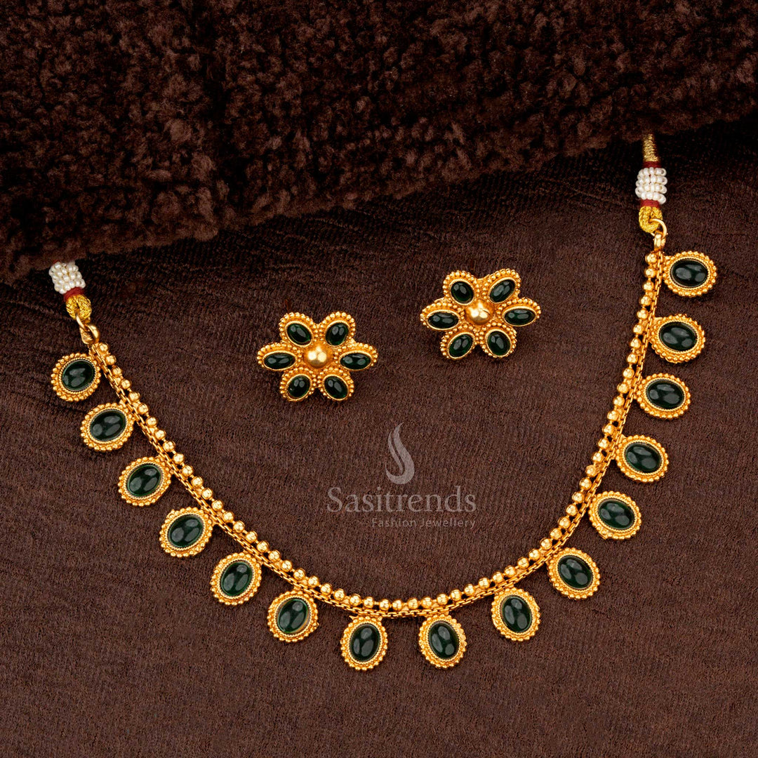Green oval motif necklace set in matte gold plating with matching floral earrings - Sasitrends