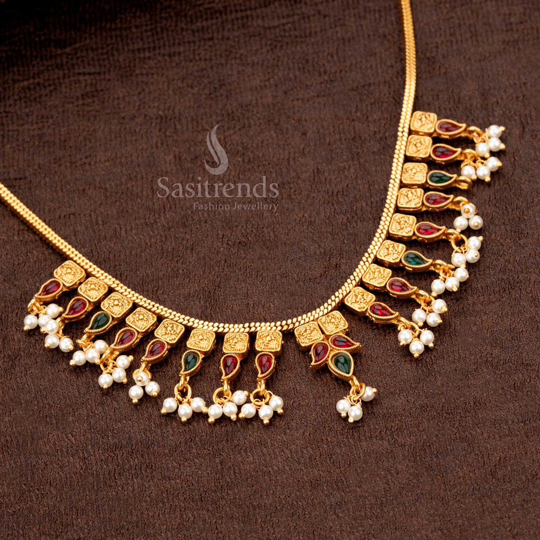 Festive temple necklace featuring ruby-green drop designs and floral square engravings - Sasitrends