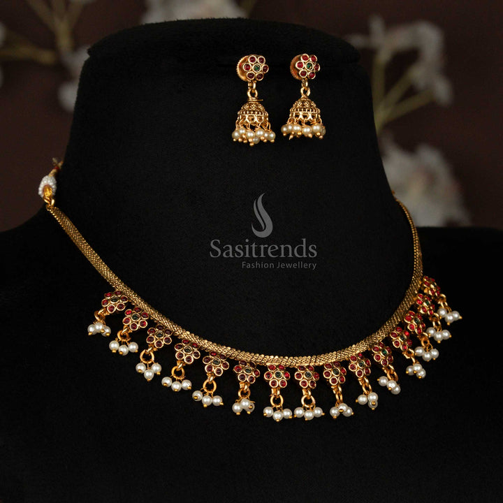 Traditional Matte Gold Floral Necklace Set for Wedding and Temple Use – Sasitrends
