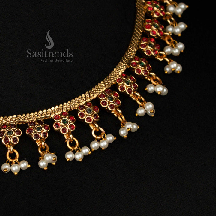 Temple Style Floral Necklace with Beads and Matching Earrings – Sasitrends