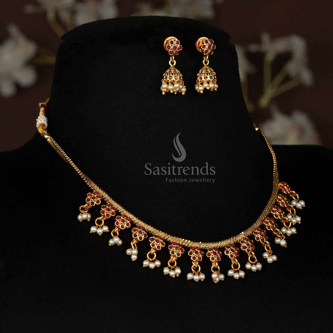 Classic Matte Gold Plated Floral Hanging Necklace Set for Saree Wear – Sasitrends