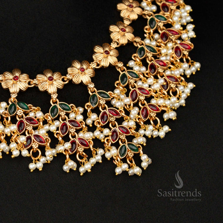 Budget Friendly Temple Necklace Set with Embossed Flowers – Sasitrends