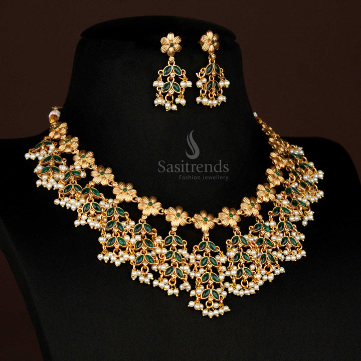 Wedding Jewellery Set with Hanging Pearl Drops and Floral Design – Sasitrends