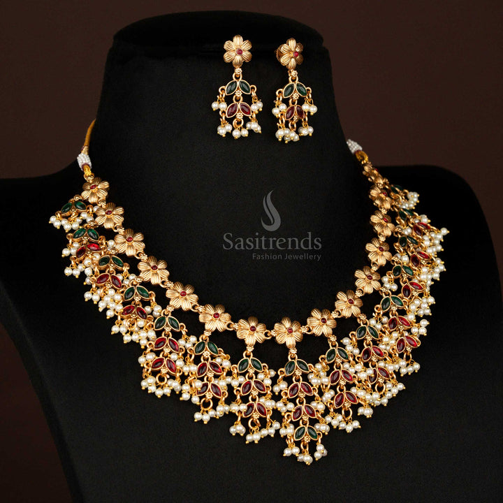 Classic Matte Gold Plated Floral Bridal Necklace Set with Pearls – Sasitrends