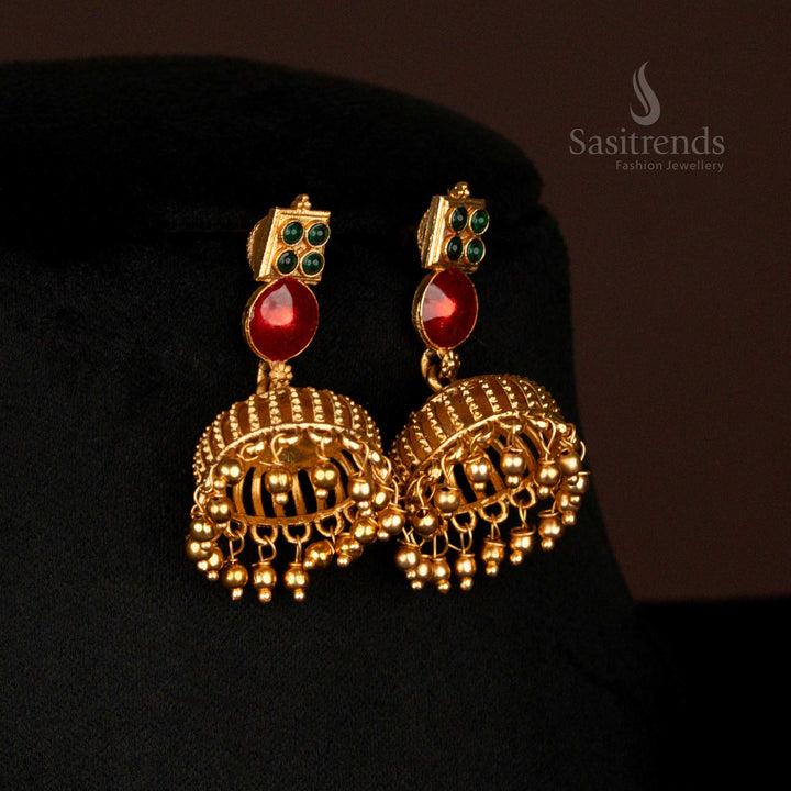 Classic Matte Gold Plated Round Glass Temple Necklace Set with Jhumka – Sasitrends