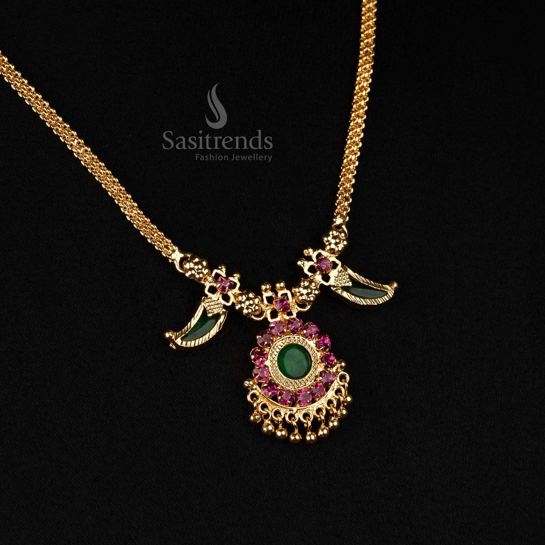 Classic one gram micro gold plated Kerala style Palakka necklace featuring a single petal design with guaranteed 24 carat gold look perfect for traditional occasions - Sasitrends