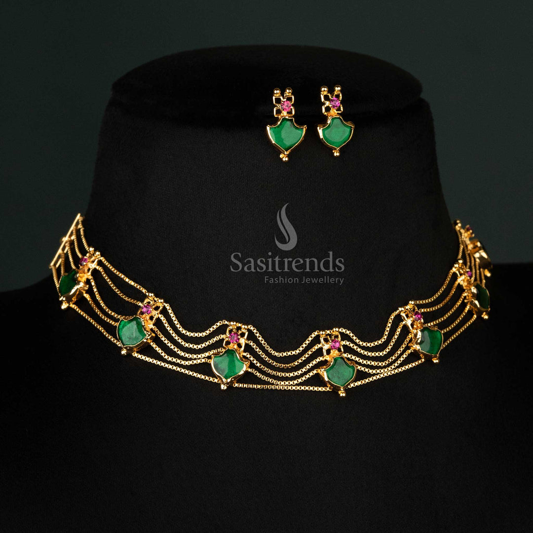 Royal classic Kerala traditional one-gram gold-plated 5-layer green Palakka necklace set for women, ideal for weddings and celebrations - Sasitrends