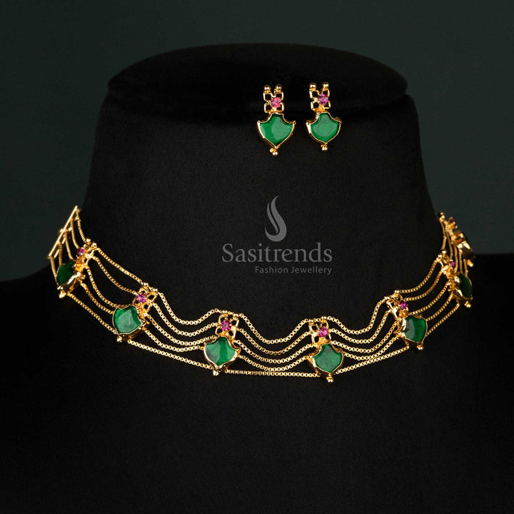 Elegant Kerala-Style One Gram Micro Gold Plated 5-Layer Palakka Necklace Jewellery Set ForTraditional & Festive Wear - Sasitrends