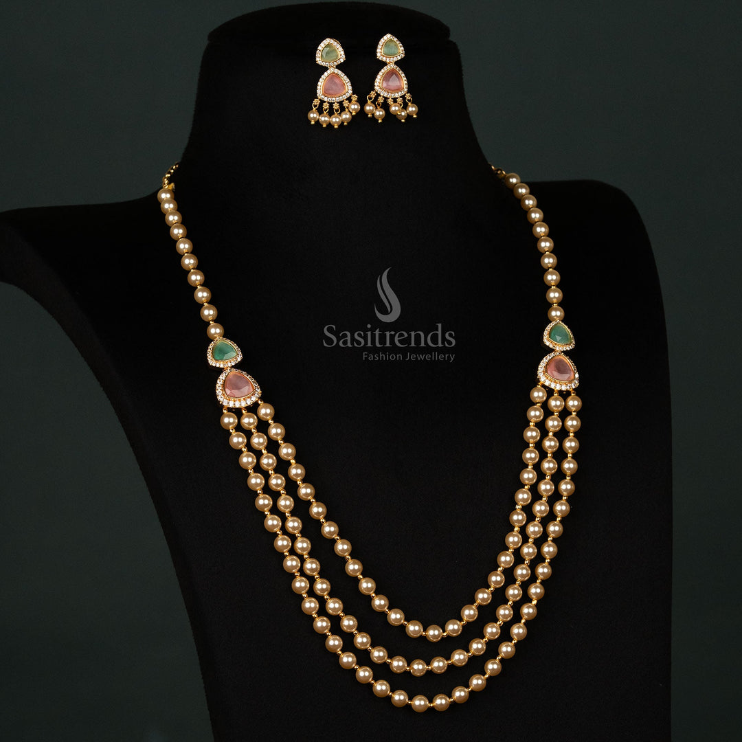 American Diamond Embellished Pearl Necklace Set with Matching Earrings – Sasitrends
