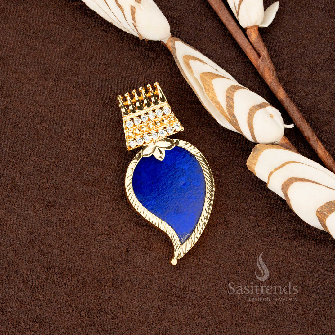 Exquisite Kerala traditional one gram gold plated big mango pendant with a rich sapphire blue stone, adorned with two-line sparkling AD stones - Sasitrends
