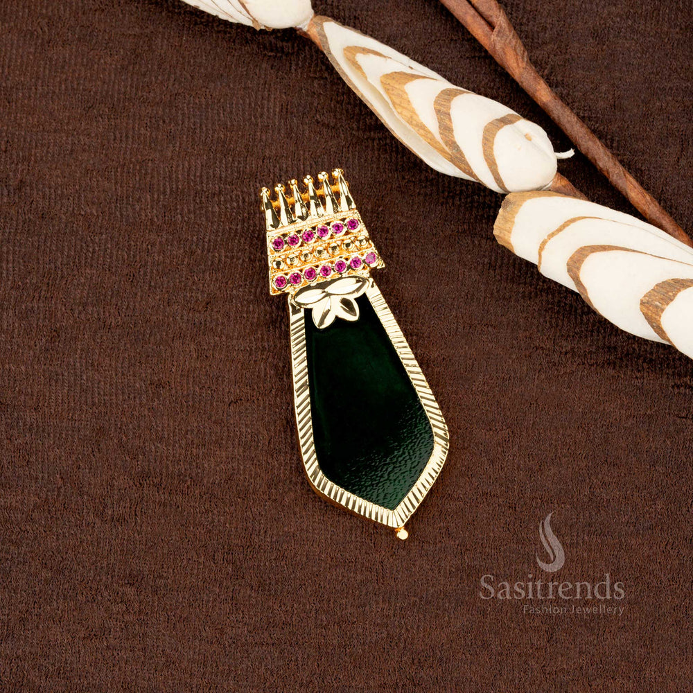 Kerala-style one gram micro gold plated big Nagapadam pendant featuring a rich emerald green stone - Sasitrends